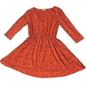Copper Key Rich Coral Mauve 3/4 Sleeve Floral Button-Front Dress